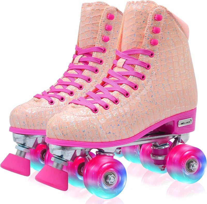 WELLWON Roller Skate for Women Girls and Kids, High-top Double Row-Classic Rollerskates Size 5 6 7 8 9 10 11 and Youth Size 2 3, Indoor Outdoor Roller Skates for Beginner Ladies with Light-up Wheels - Image 1